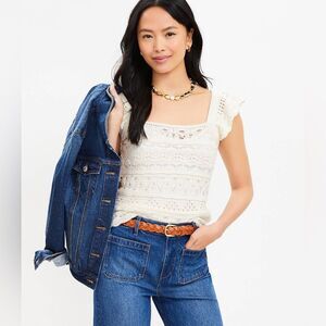 Loft Crochet Ruffle Sweater Tank Top Boho Ivory 100% Cotton Sz L